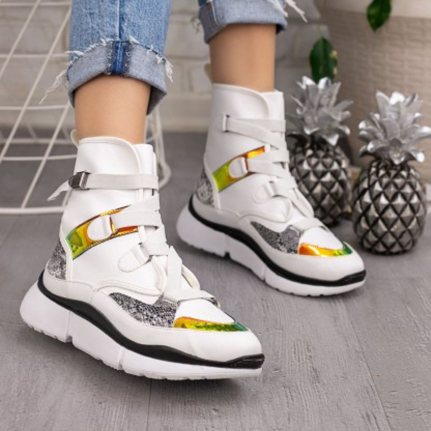 Дамски бели боти - Auren - White - Silver