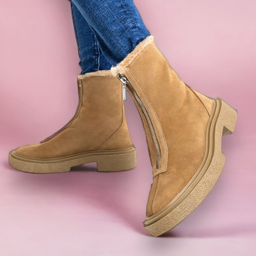 Дамски бежови боти естествен велур - Judy - Beige