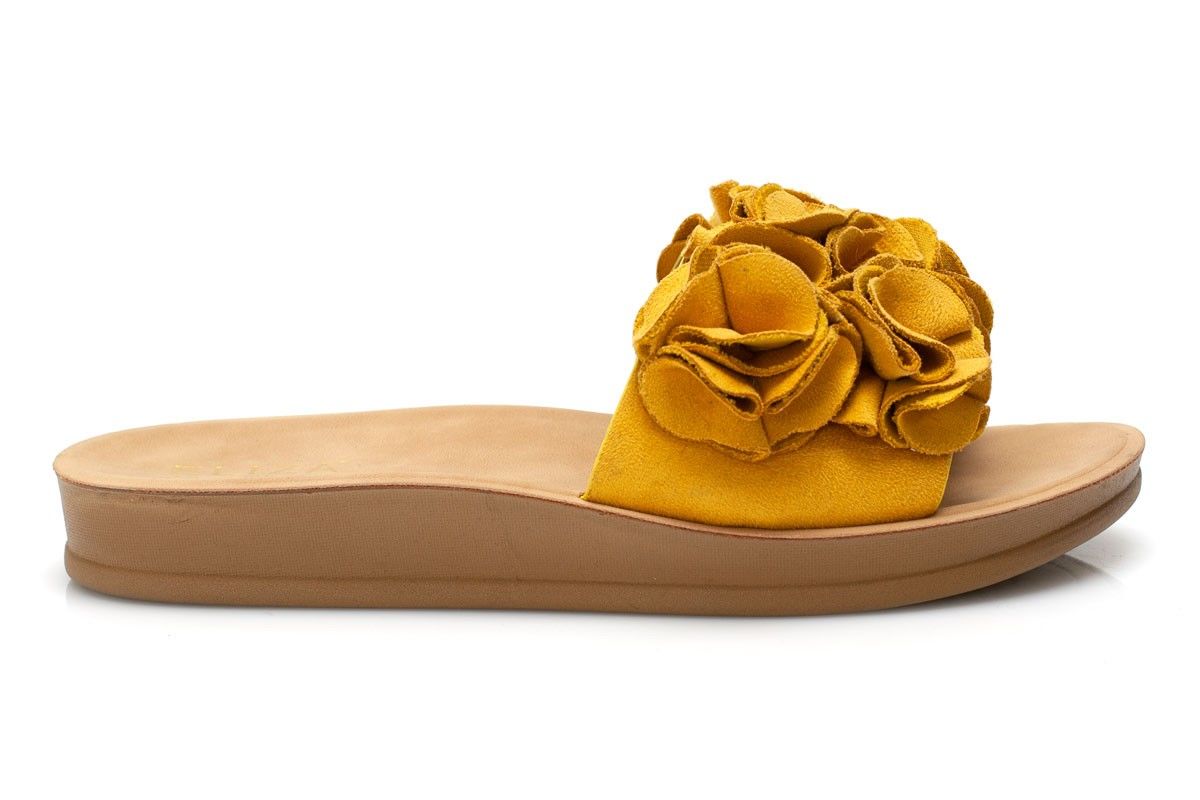 Дамски жълти чехли с велурени цветя - Flo - Yellow