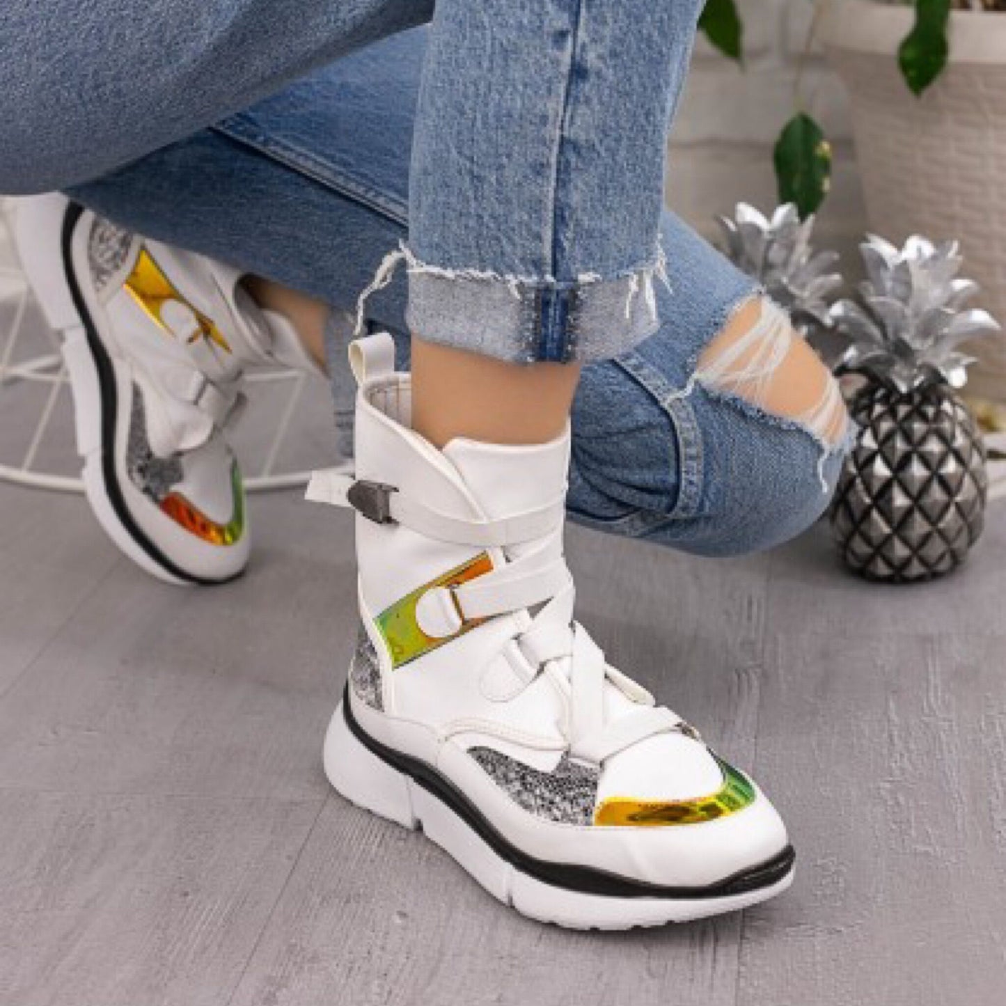 Дамски бели боти - Auren - White - Silver