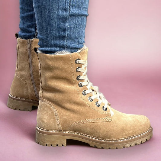 Дамски бежови боти естествен велур - Ann - Beige