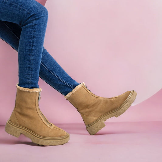 Дамски бежови боти естествен велур  - Judy - Beige