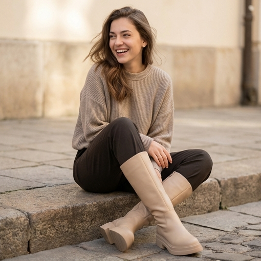 Дамски бежови ботуши - Venera  - Beige