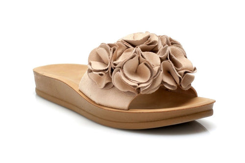 Дамски бежови чехли с велурени цветя - Flo - Beige