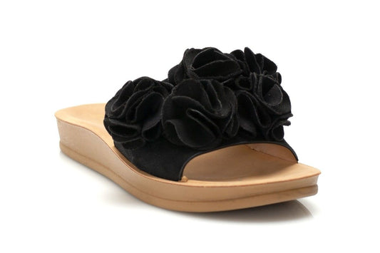 Дамски черни чехли с велурени цветя - Flo - Black