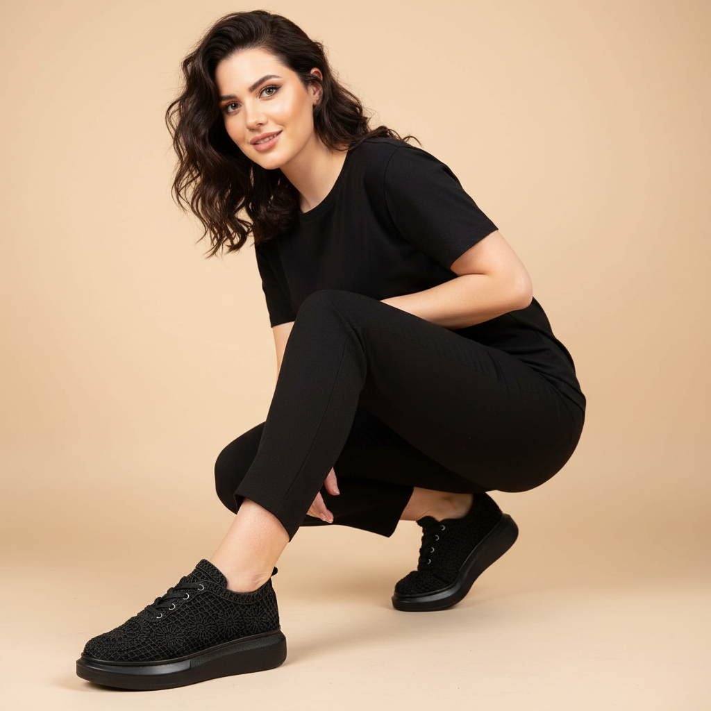 Дамски черни дантелени маратонки - Gianna - All Black