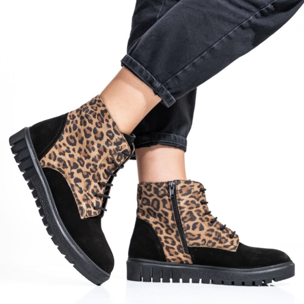 Дамски леопардови боти естествен велур - Jessica - Leo - Black