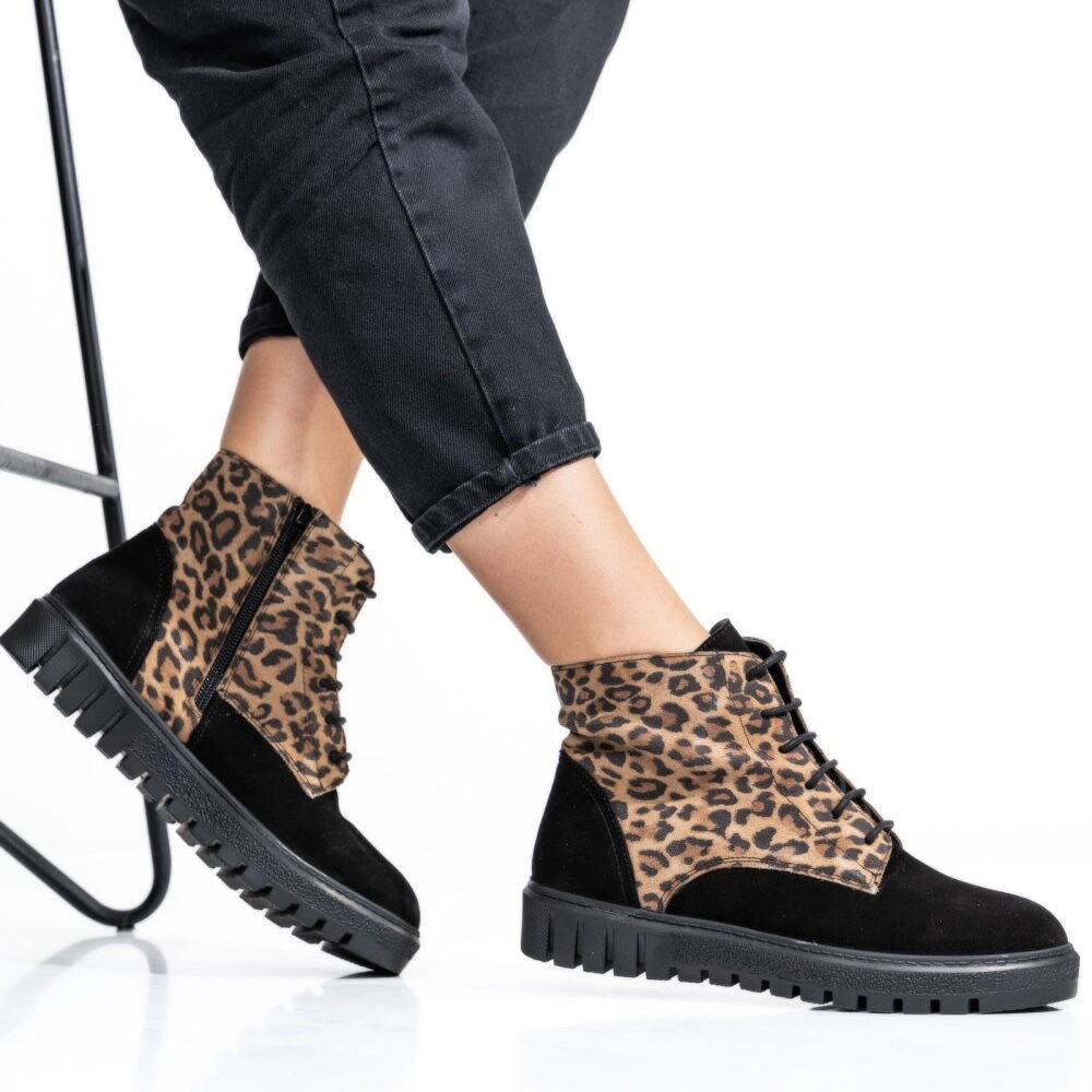 Дамски леопардови боти естествен велур - Jessica - Leo - Black