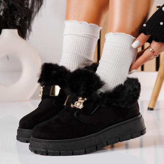 Дамски ниски обувки от еко велур и пух - Mouses - Black