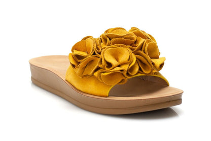 Дамски жълти чехли с велурени цветя - Flo - Yellow