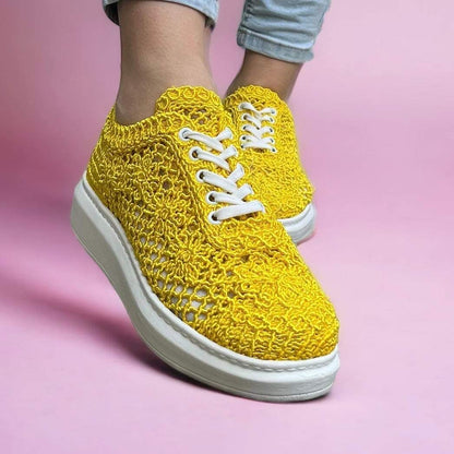 Дамски жълти дантелени маратонки - Gianna - Yellow