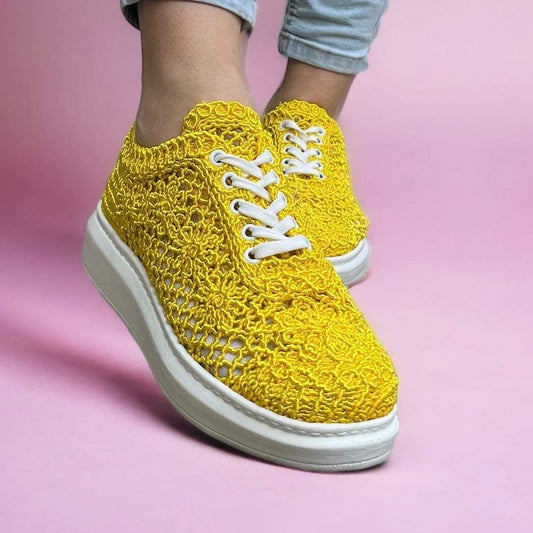 Дамски жълти дантелени маратонки - Gianna - Yellow